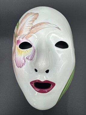 VTG Porcelain Mask Vandor Pelzman Mardi Gras Orchid Floral 80’s Wall Decor